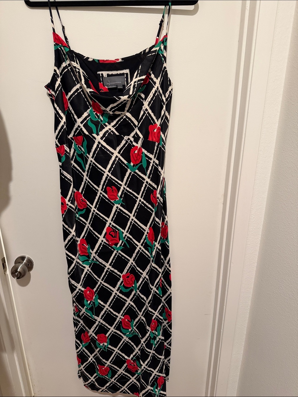 Anthropologie Black Maxi Slip Dress with Red Rose Print